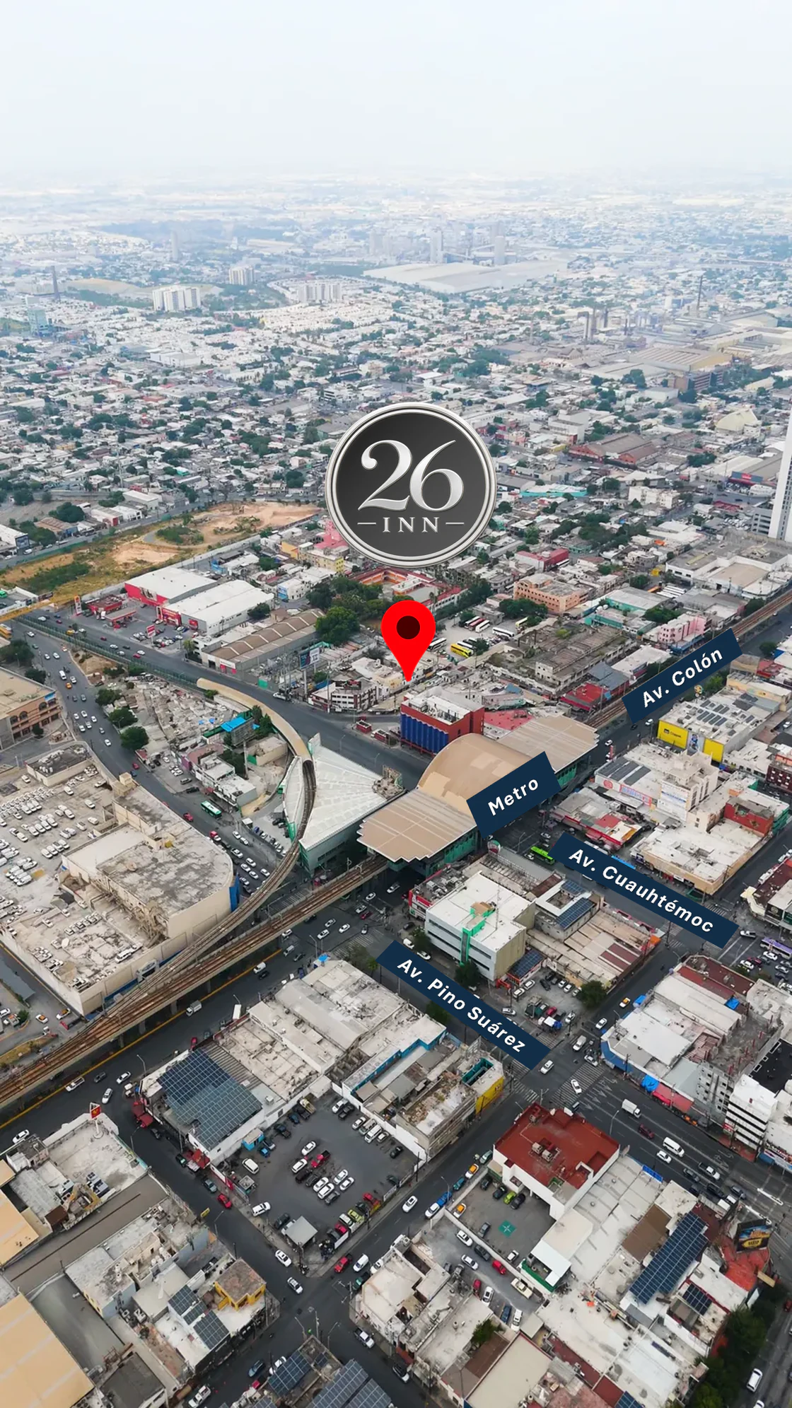 Vista aérea que señala 26 INN, Metro Cuauhtémoc y las avenidas cercanas